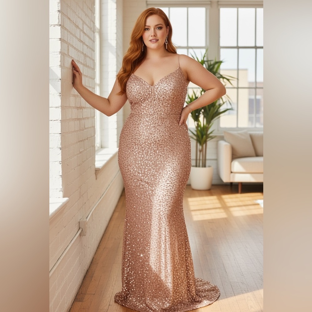 Plus Size Prom Dress Glamorous Rose Gold Sequin 3X Stretch - Picture 2 of 11